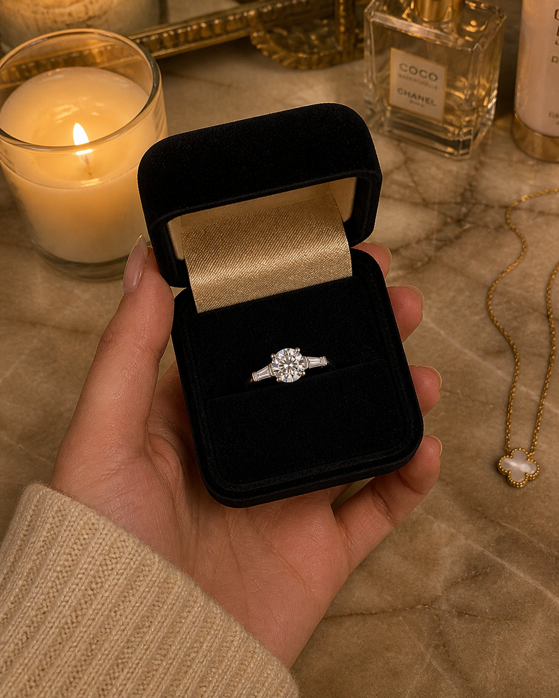 Emerald Cut Ring box in hand